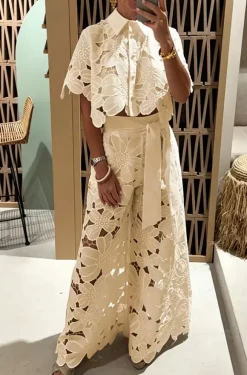 Two Piece Sets White Daily Casual Cut Out Turndown Collar Short Sleeves Elegant Pant Set
