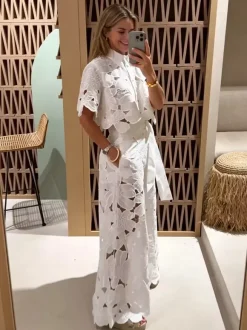 Two Piece Sets White Daily Casual Cut Out Turndown Collar Short Sleeves Elegant Pant Set