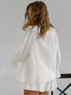 Two Piece Sets White Daily Casual Ruffles V-Neck Long Sleeves Pant Set