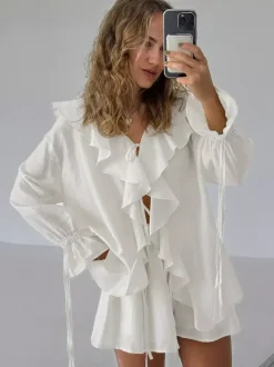 Two Piece Sets White Daily Casual Ruffles V-Neck Long Sleeves Pant Set