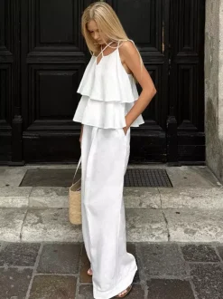 Two Piece Sets White Party Cotton Straps Neck Sleeveless Casual Pant Set