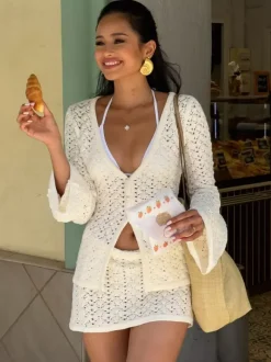 Two Piece Sets White Sexy Knitted Resort Wear V-Neck Lantern Sleeve Long Sleeves Skirt Set