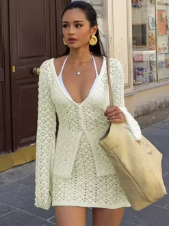 Two Piece Sets White Sexy Knitted Resort Wear V-Neck Lantern Sleeve Long Sleeves Skirt Set