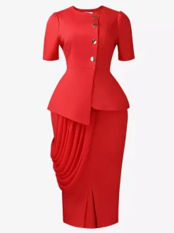 Two Piece Sets Yellow Casual Pleated Street Wear Polyester Jewel Neck Asymmetrical Short Sleeves Skirt Set