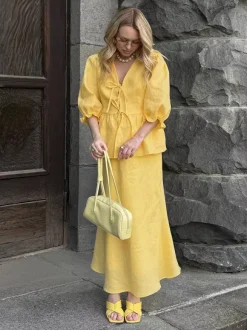 Two Piece Sets Yellow Casual Street Wear V-Neck Puff Sleeves 3/4 Length Sleeves Skirt Set