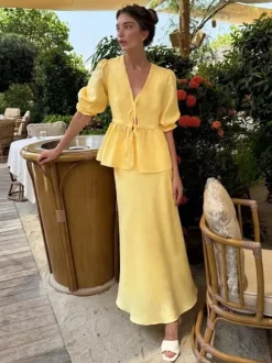 Two Piece Sets Yellow Casual Street Wear V-Neck Puff Sleeves 3/4 Length Sleeves Skirt Set