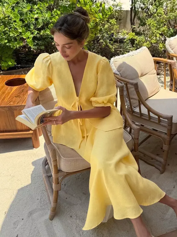 Two Piece Sets Yellow Casual Street Wear V-Neck Puff Sleeves 3/4 Length Sleeves Skirt Set