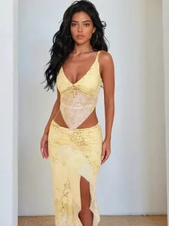 Two Piece Sets Yellow Sexy Street Wear V-Neck Sleeveless Top Skirt Set