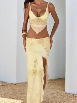 Two Piece Sets Yellow Sexy Street Wear V-Neck Sleeveless Top Skirt Set