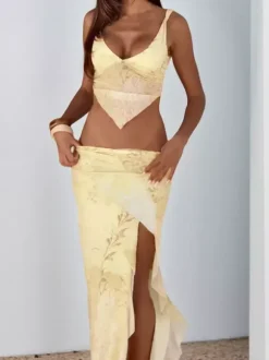 Two Piece Sets Yellow Sexy Street Wear V-Neck Sleeveless Top Skirt Set