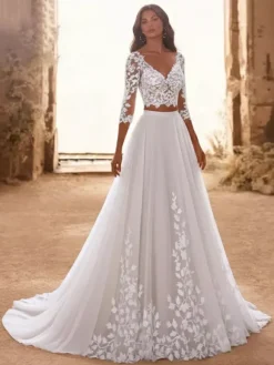 Two-piece Wedding Dress Lace Wedding Dress Tulle V-Neck Two-piece With Train Zipper 3/4 Length Sleeves Long