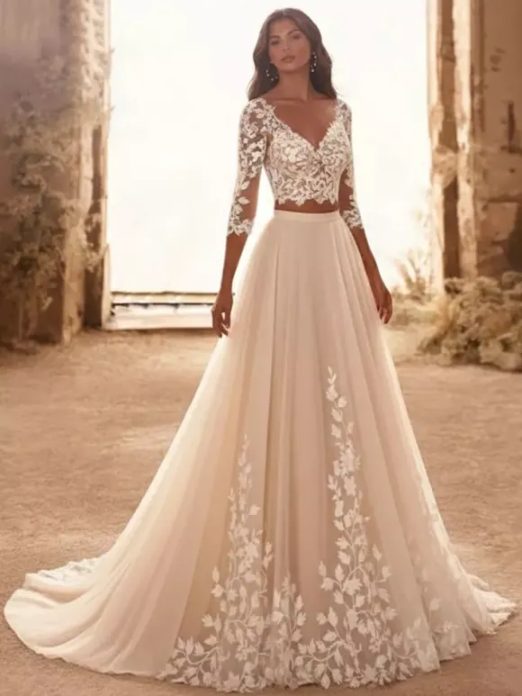 Two-piece Wedding Dress Lace Wedding Dress Tulle V-Neck Two-piece With Train Zipper 3/4 Length Sleeves Long
