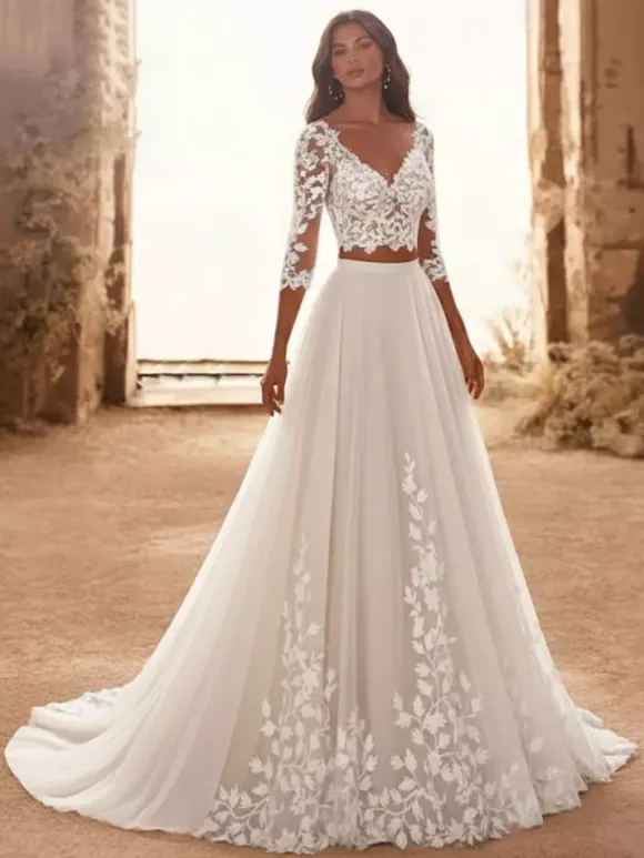 Two-piece Wedding Dress Lace Wedding Dress Tulle V-Neck Two-piece With Train Zipper 3/4 Length Sleeves Long