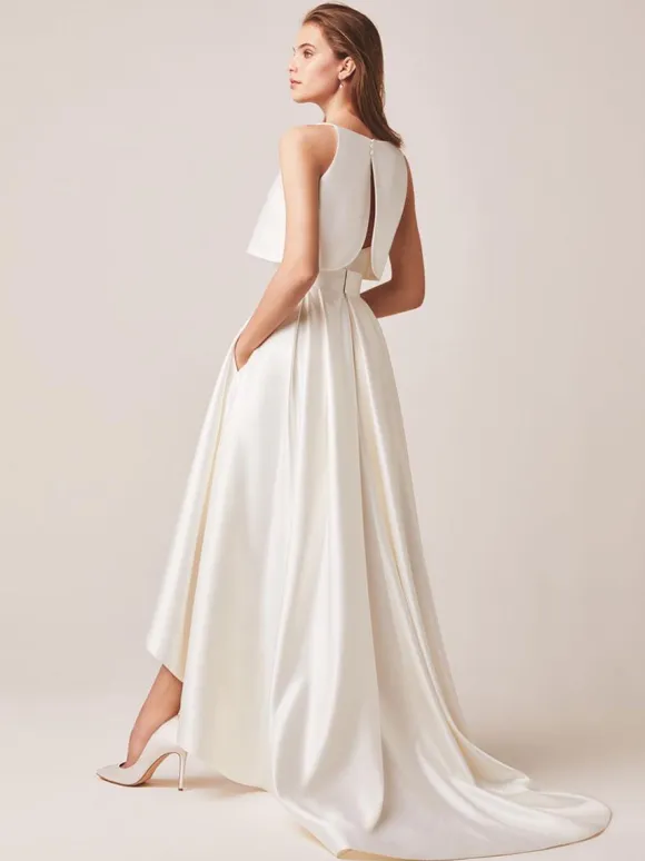Two-piece wedding dress Satin Fabric Sweetheart Neck Two-piece With Train Wedding Dress Functional Buttons Sleeveless