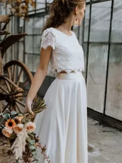 Two-piece Wedding Dress Stretch Crepe Jewel Neck Floor-Length Zipper Short Sleeves Floor Length
