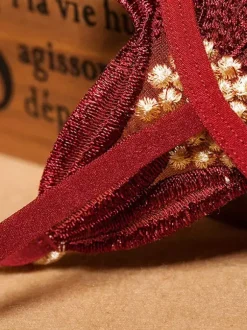 Underwear Burgundy Lingerie Women Floral Lace G-String Thong Panties