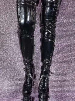 Unisex Black Thigh High Boots Platform Chunky Heel Chain Detail Over The Knee Gothic Boots