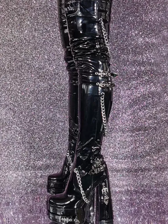 Unisex Black Thigh High Boots Platform Chunky Heel Chain Detail Over The Knee Gothic Boots