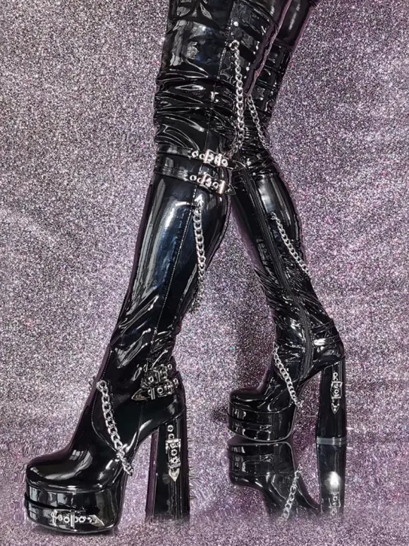 Unisex Black Thigh High Boots Platform Chunky Heel Chain Detail Over The Knee Gothic Boots