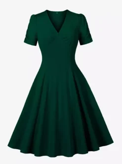 V Neck Ruched Bust Short Sleeve A Line Swing Cocktail Dress For Women 2026