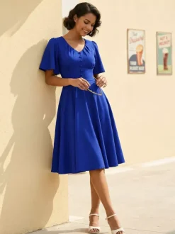 V Neck Ruched Front Button Decor Flutter Sleeve Retro Swing Dress For Women 2026