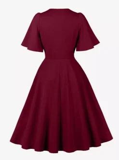 V Neck Ruched Front Button Decor Flutter Sleeve Retro Swing Dress For Women 2026