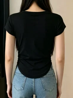 V Neck Side Ruched Slim Fit Short Sleeve T-Shirt Curved Hem Cropped Tee Basic Top