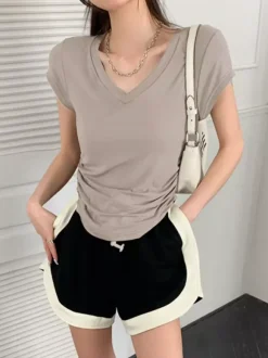 V Neck Side Ruched Slim Fit Short Sleeve T-Shirt Curved Hem Cropped Tee Basic Top