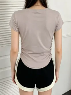 V Neck Side Ruched Slim Fit Short Sleeve T-Shirt Curved Hem Cropped Tee Basic Top