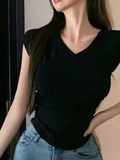 V Neck Side Ruched Slim Fit Short Sleeve T-Shirt Curved Hem Cropped Tee Basic Top