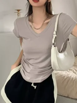 V Neck Side Ruched Slim Fit Short Sleeve T-Shirt Curved Hem Cropped Tee Basic Top
