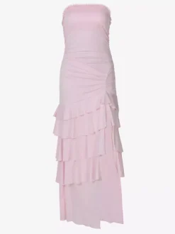 Vacation Dress Strapless Ruched Ruffle Slit Midi Bodycon Dress Beach Resort Sundress