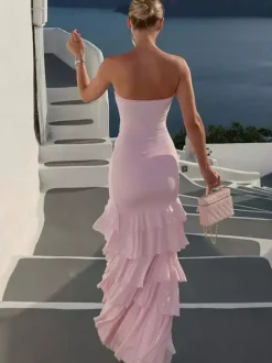 Vacation Dress Strapless Ruched Ruffle Slit Midi Bodycon Dress Beach Resort Sundress