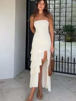 Vacation Dress Strapless Ruched Ruffle Slit Midi Bodycon Dress Beach Resort Sundress