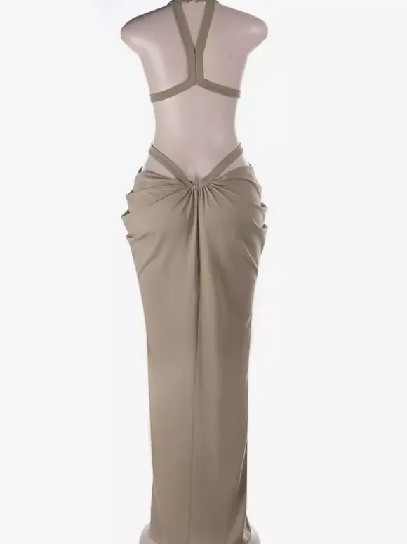 Vacation Dresses Khaki Halter Cutout Maxi Dress Strappy Backless Ruched Side Slit Bodycon Evening Party Gown