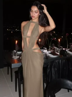 Vacation Dresses Khaki Halter Cutout Maxi Dress Strappy Backless Ruched Side Slit Bodycon Evening Party Gown