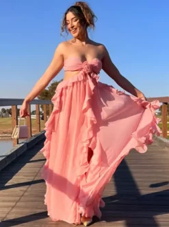 Vacation Dresses Maxi Lace Up Sleeveless Off-The-Shoulder Chic Pink Summer Dress