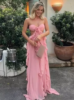 Vacation Dresses Maxi Lace Up Sleeveless Off-The-Shoulder Chic Pink Summer Dress
