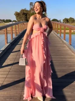 Vacation Dresses Maxi Lace Up Sleeveless Off-The-Shoulder Chic Pink Summer Dress