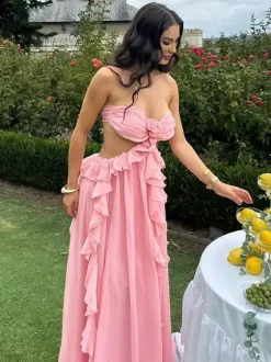 Vacation Dresses Maxi Lace Up Sleeveless Off-The-Shoulder Chic Pink Summer Dress