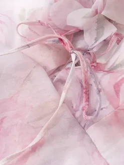 Vacation Dresses Mini Backless Flowers Lace Up Sleeveless Floral Print V-Neck Casual Pink Dress