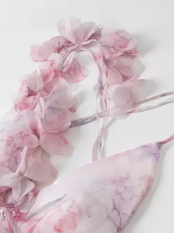 Vacation Dresses Mini Backless Flowers Lace Up Sleeveless Floral Print V-Neck Casual Pink Dress