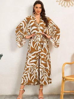 Vacation Dresses Oversized Long Sleeves Printed Casual Rose Dress
