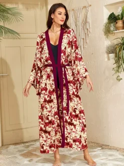 Vacation Dresses Oversized Long Sleeves Printed Casual Rose Dress