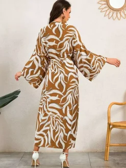 Vacation Dresses Oversized Long Sleeves Printed Casual Rose Dress