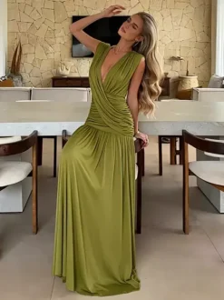 Vacation Dresses Pleated Sleeveless Deep V Wrap Ruched Pleated Flowy Maxi Dress