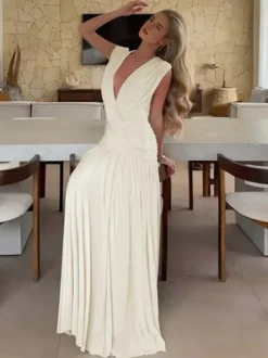 Vacation Dresses Pleated Sleeveless Deep V Wrap Ruched Pleated Flowy Maxi Dress