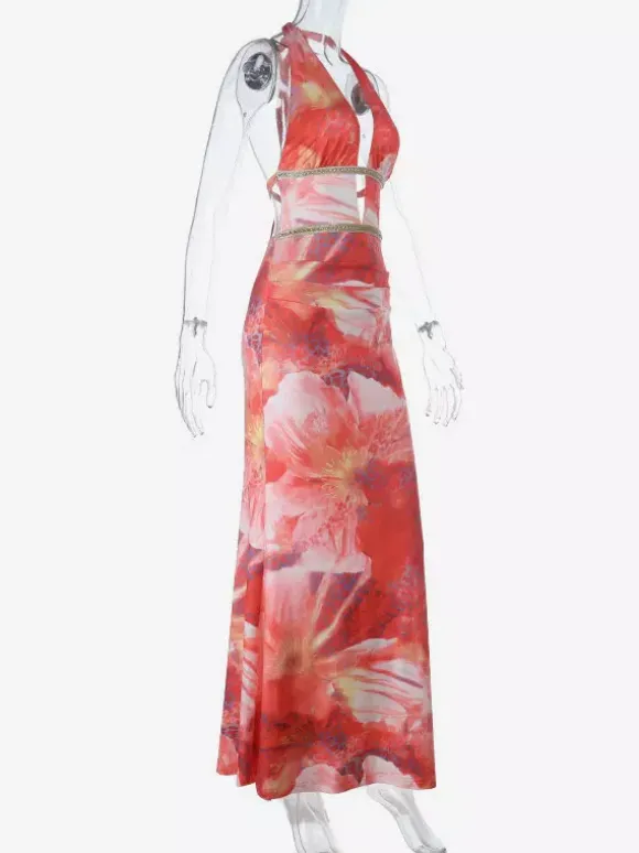 Vacation Dresses Red Floral Print Halter Maxi Dress Deep V Cutout Waist Gold Trim Back Tie Mermaid Party Gown