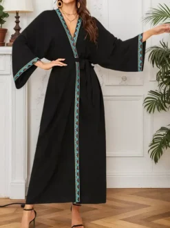 Vacation Dresses Ruffled Sash Long Sleeves Printed Casual Gold Dress
