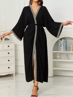Vacation Dresses Ruffled Sash Long Sleeves Printed Casual Gold Dress